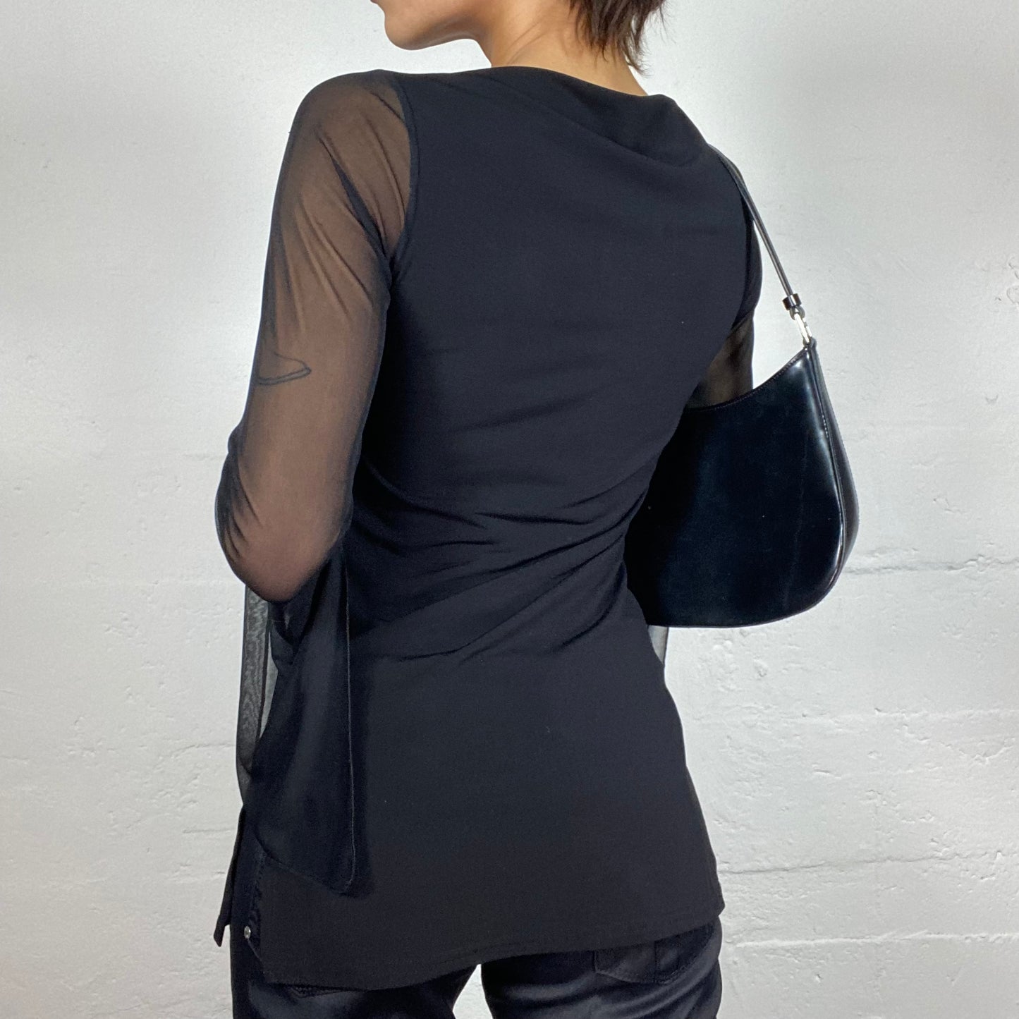 Vintage 2000's Clubwear Black Mesh Longsleeve Top with Drapped Cut (S/M)