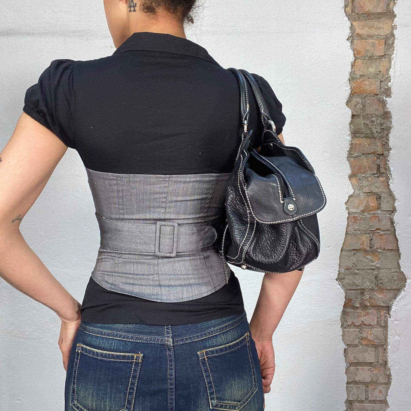 Vintage 90's Downtown Girl Grey and Black with Hook and Eye Front Closing (S)