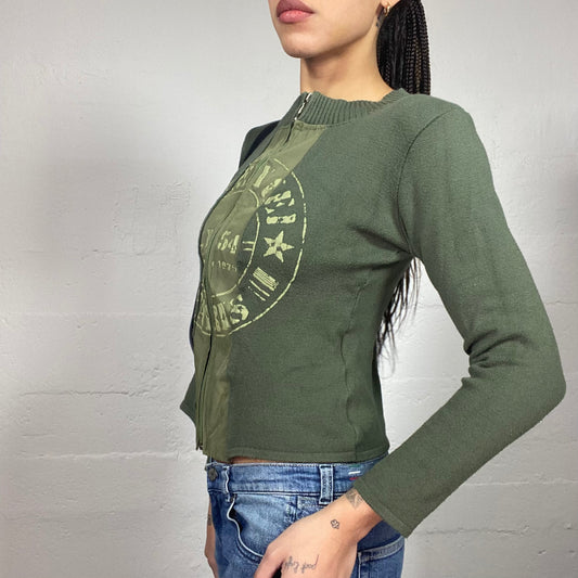 Vintage 2000's Rave Khaki Zip-Up Hoodie with Army Print Stamp Detail (S)