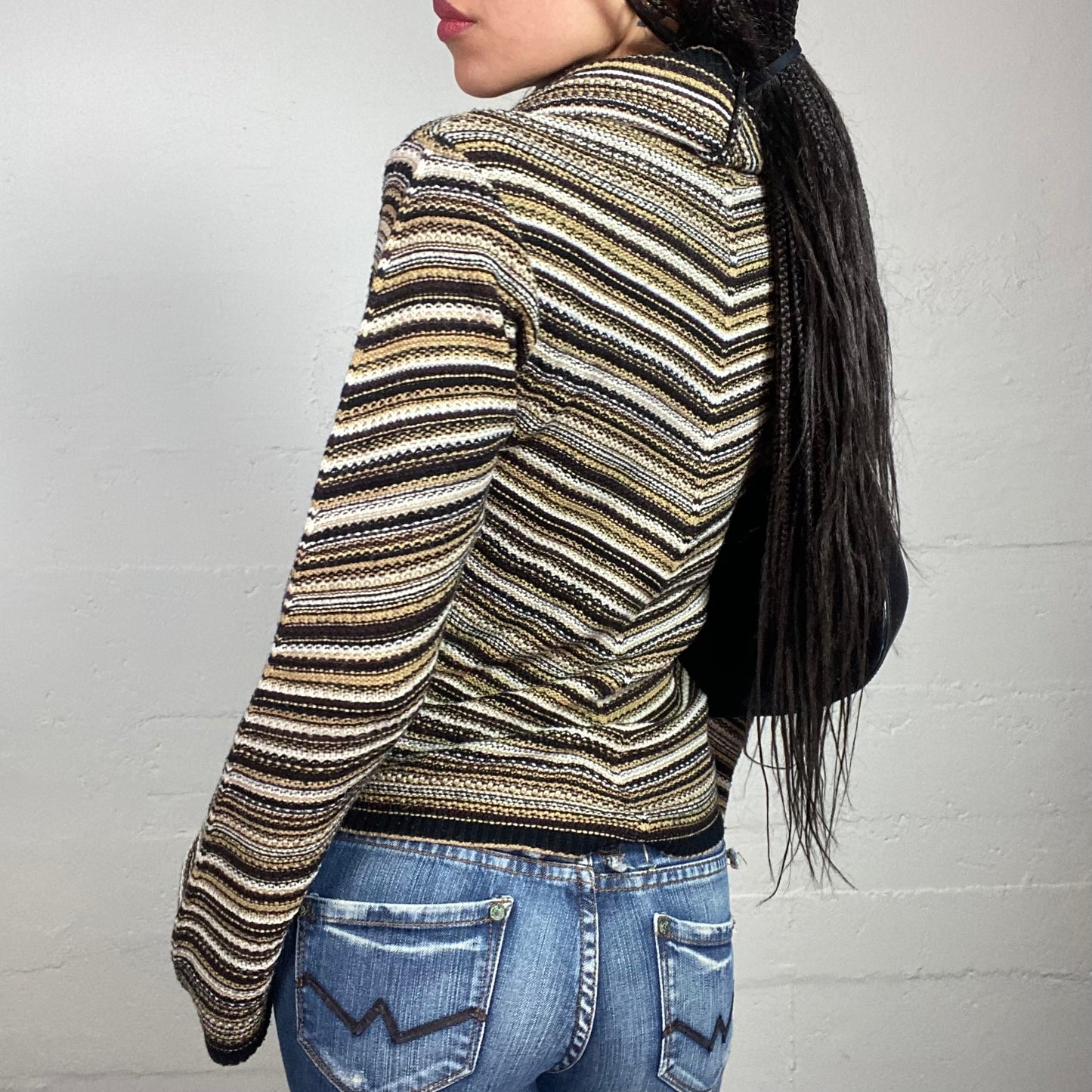 Vintage 90's Archive Black & Khaki Highneck Jumper with Stripes (L)