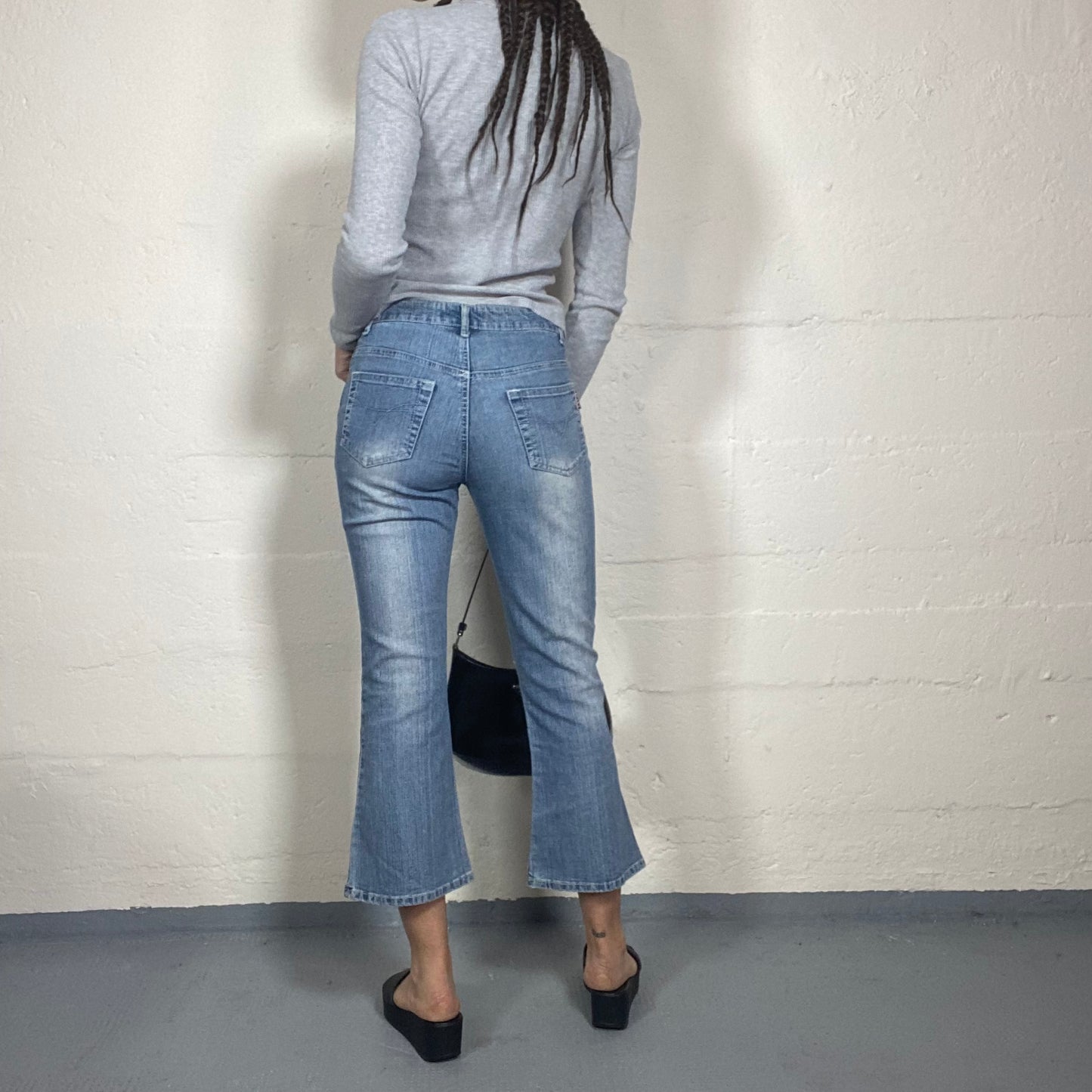 Vintage 90s College Girl Denim Capri Flared Pants with Metallic Studs Detail (S)
