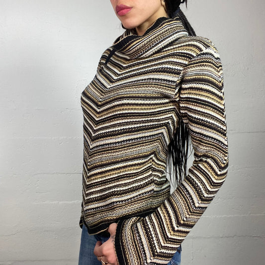Vintage 90's Archive Black & Khaki Highneck Jumper with Stripes (L)