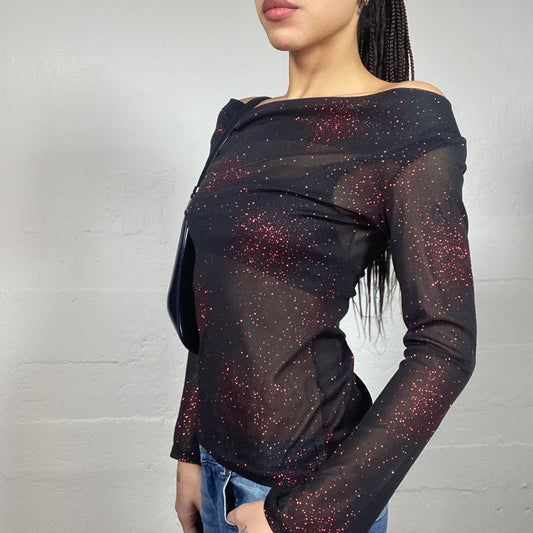 Vintage 2000's Clubwear Black Mesh Off Shoulder Longsleeve Top with Red Glitter Material (M)