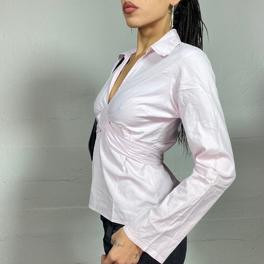 Vintage 2000's Model Off Duty Soft Pink Shirt with Big Collar and Crossed Waist Belt (S)