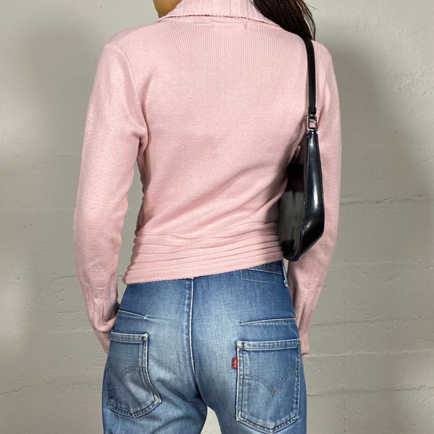 Vintage 2000's Ballet Baby Pink Knit Cardigan with Belted Round Buckle Detail (M)