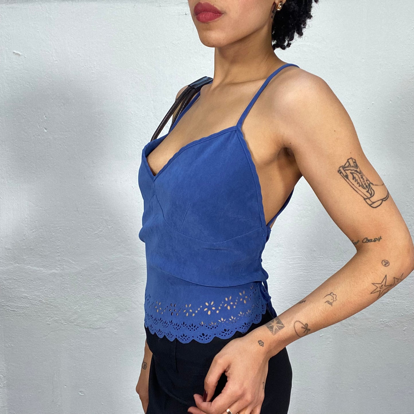 Vintage 2000's Soft Girl Blue Soft Backless Top with Hole Pattern Detail (S/M)