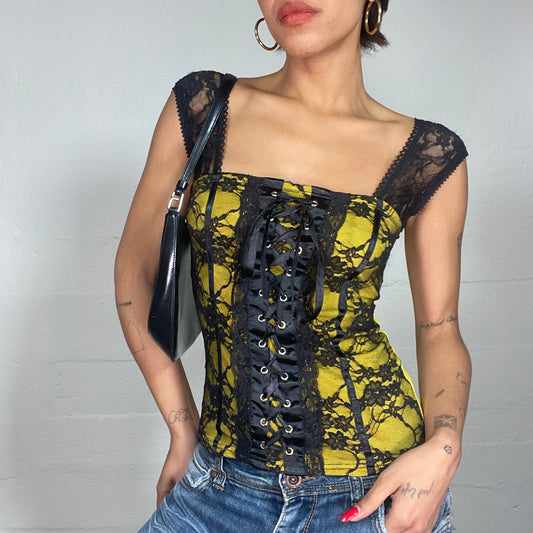 Vintage 2000's Gothic Yellow Corset Top with Black Lace Layer (S)