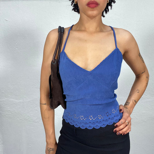 Vintage 2000's Soft Girl Blue Soft Backless Top with Hole Pattern Detail (S/M)