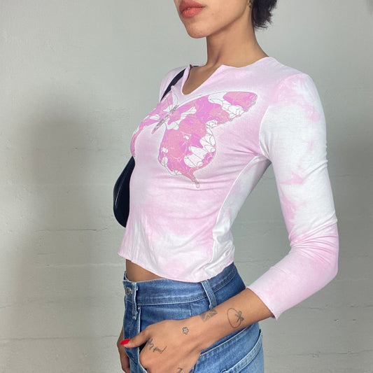 Vintage 2000's Cute Pink Tie Dye Top with Butterfly Print (S)