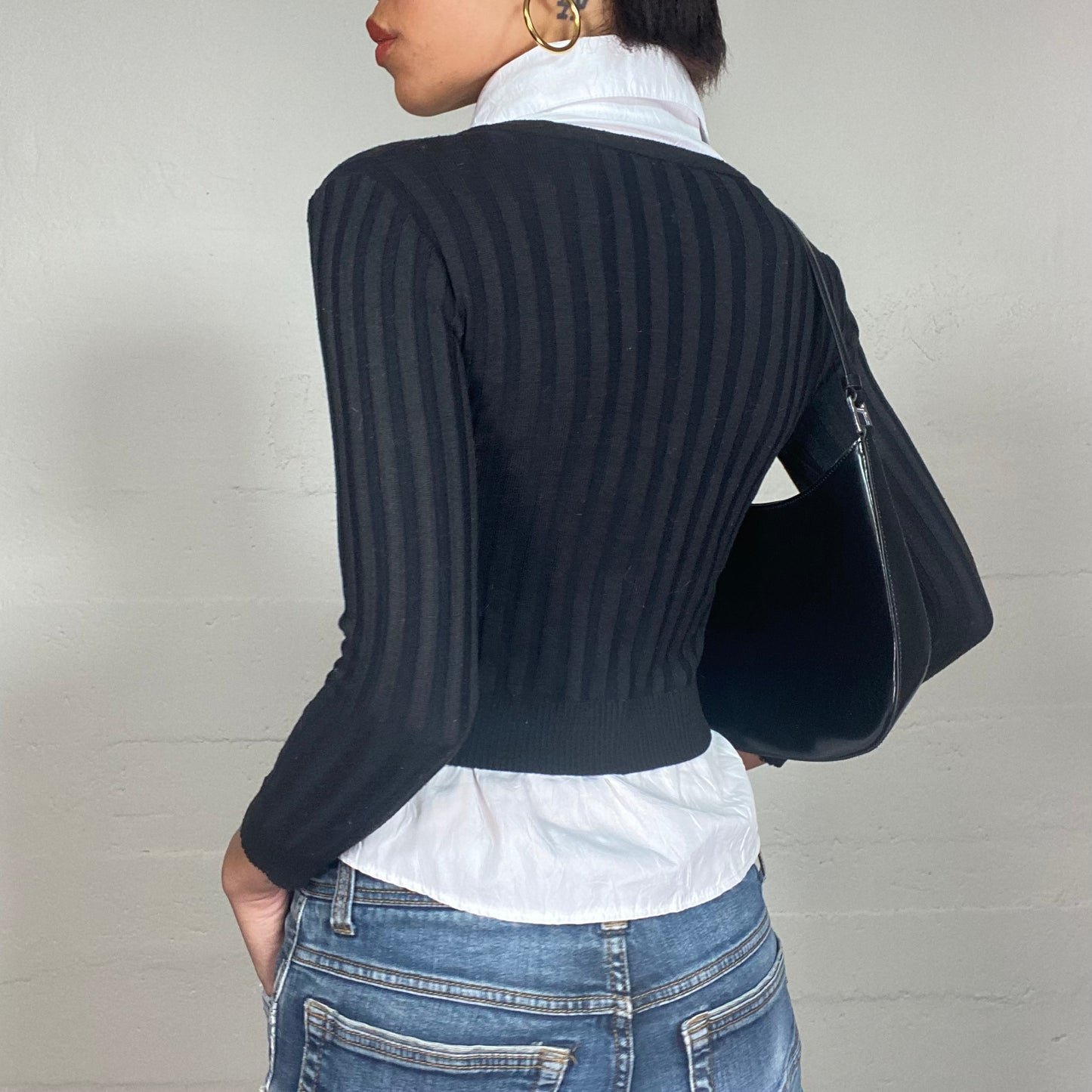 Vintage 2000's Office Girl Black Layered Pullover Shirt with Big Collar Detail (S)