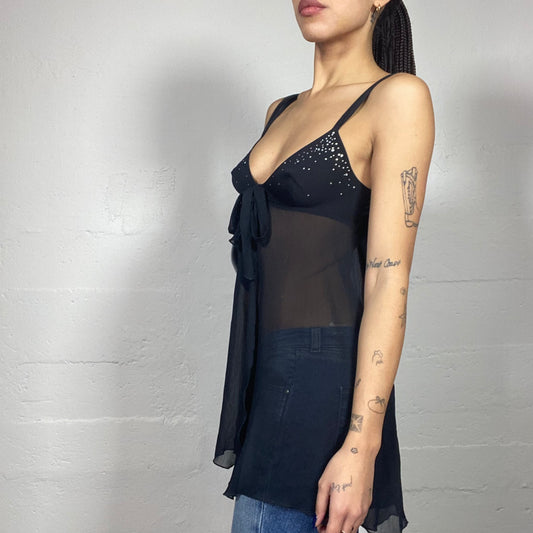 Vintage 2000's Clubwear Black Mesh Top with Big Slit Frontal Detail (S)