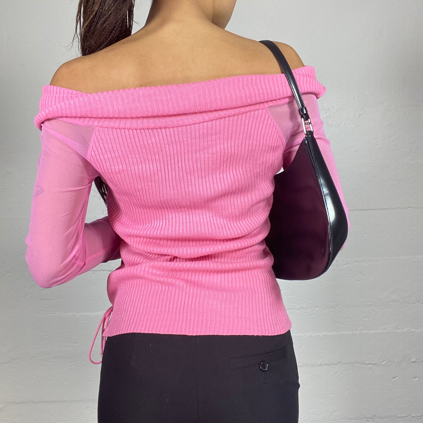 Vintage 2000's Soft Girl Pink Off Shoulder Knitted Top with Mesh Longsleeve Detail (S/M)