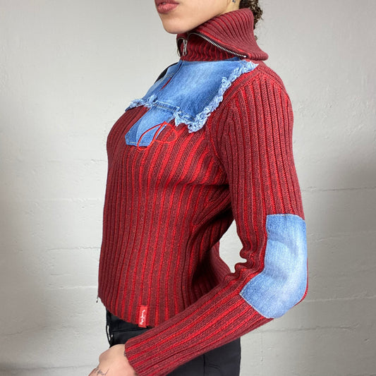 Vintage 2000's Downtown Girl Red Zip Up Jacket with Denim Patches Detail (S)