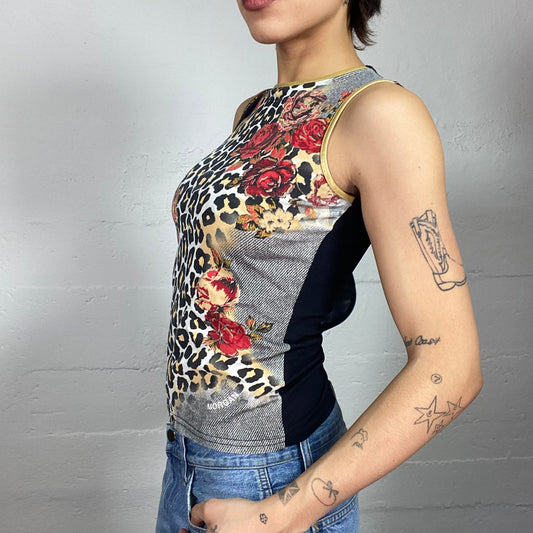 Vintage 2000's Morgan Scary Spice Cheetah Print Top with Red Roses Print (S)
