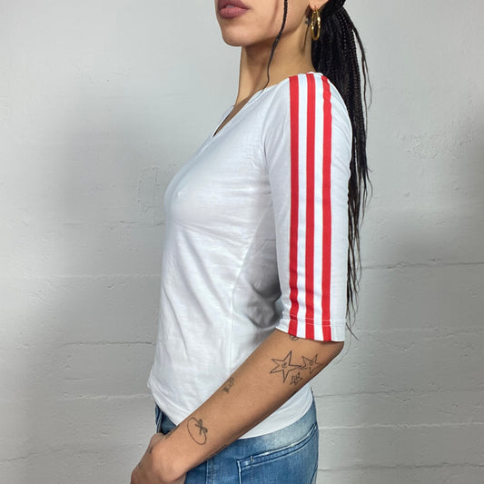 Vintage 90's Adidas Sporty White Longsleeve Top with Red Brand Triple Trim and Logo Detail (S)