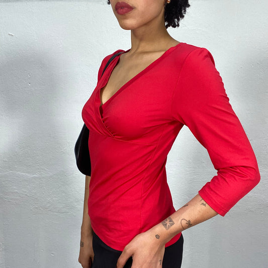 Vintage 90's Downtown Girl Red Midi Sleeve V-Neck Top (S)