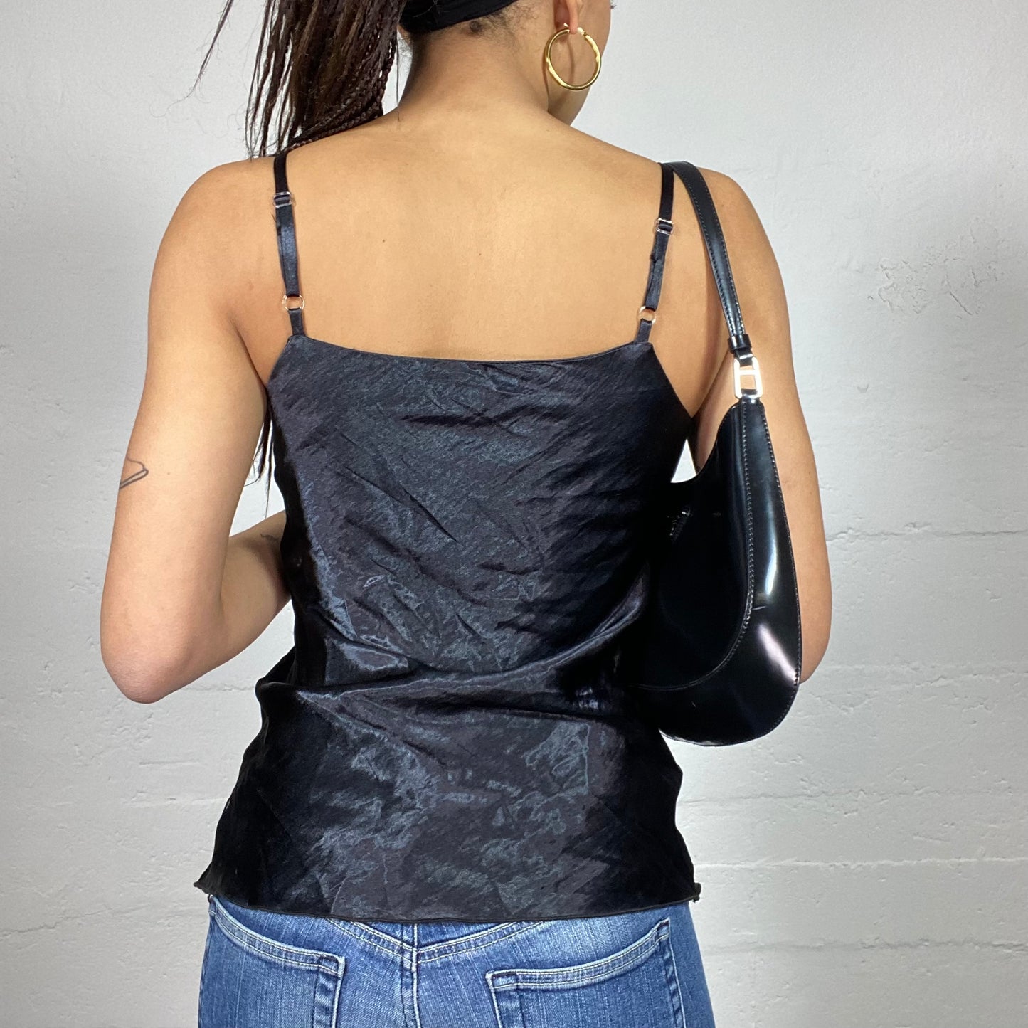 Vintage 2000's Clubwear Black Satin Top with Decorative Chiffon Work Detail (M)