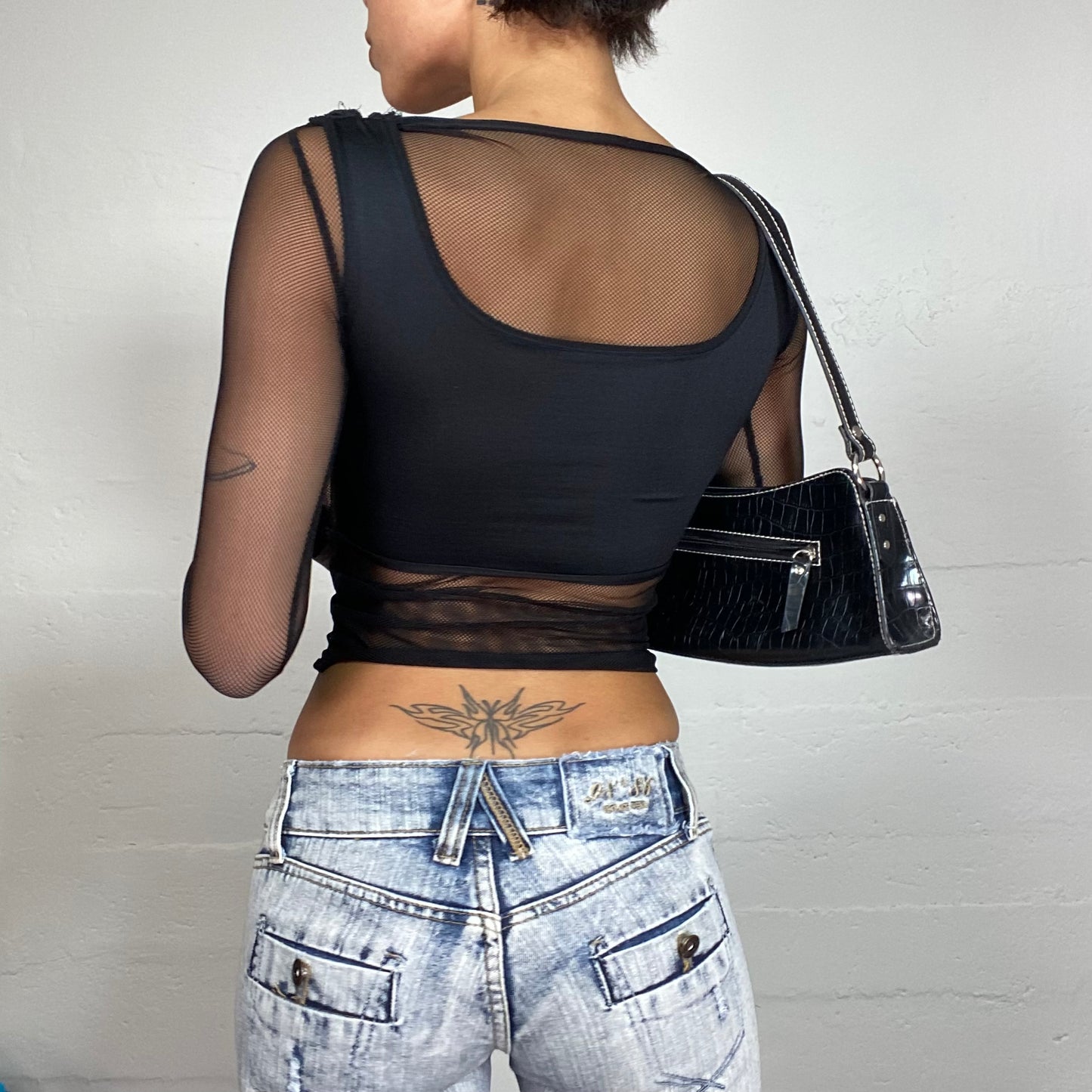 Vintage 2000's Rave Black Longsleeve Top with Fishnet Material