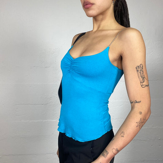 Vintage 2000's Downtown Girl Aqua Blue Top with Ruched Neckline Detail (S)