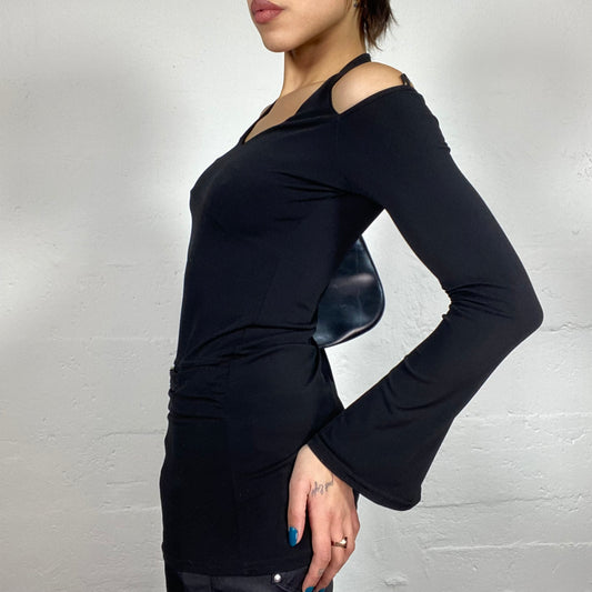 Vintage 2000's Clubwear Black Neckholder Longsleeve Top with Strass Belt Detail (S)