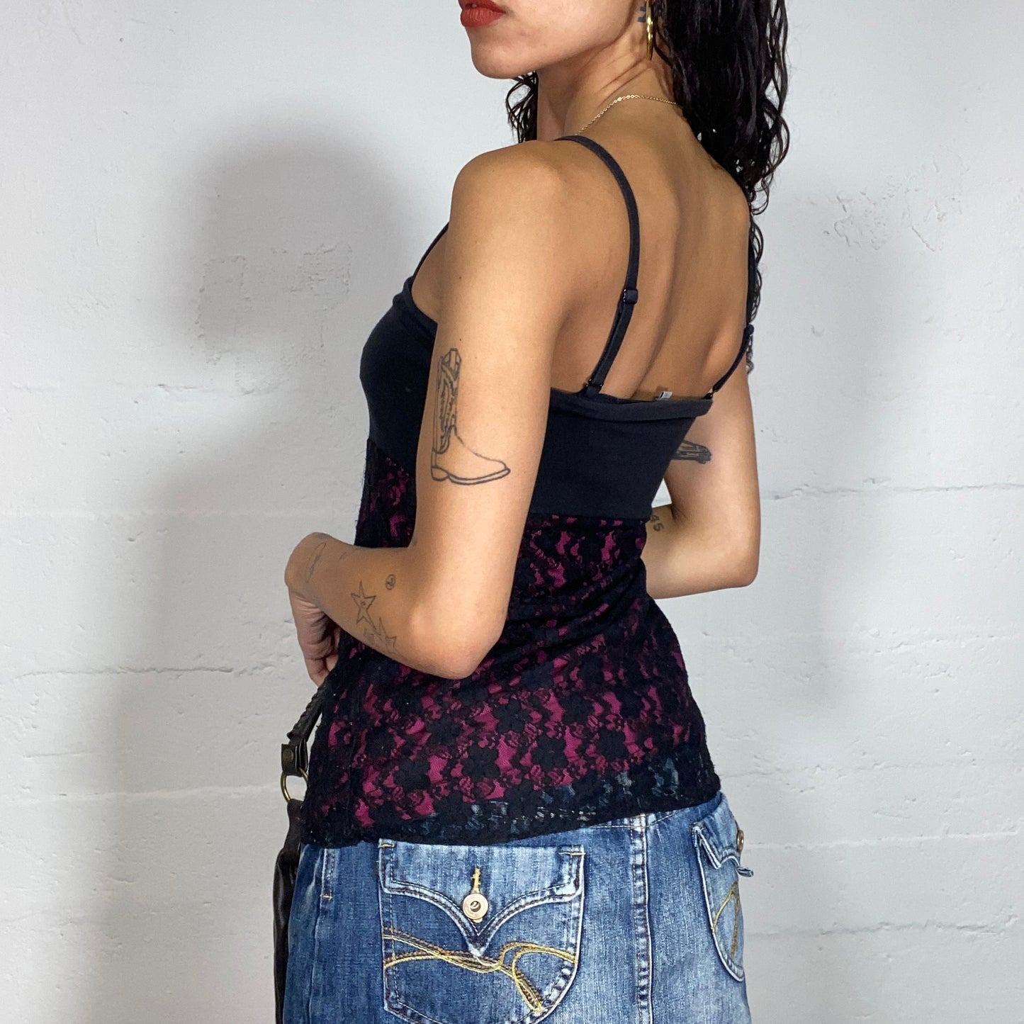 Vintage 2000's Gothic Black & Red Top with Red Lace Detail (M)