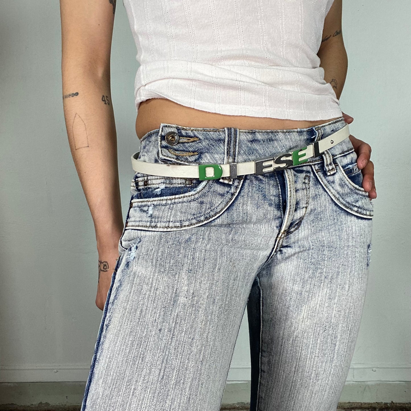 Vintage 2000's Diesel White Thin Belt with Silver 'Diesel' Letter Hardware