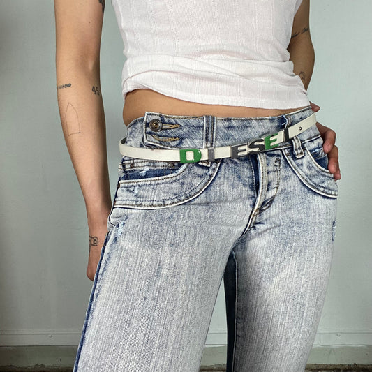 Vintage 2000's Diesel White Thin Belt with Silver 'Diesel' Letter Hardware