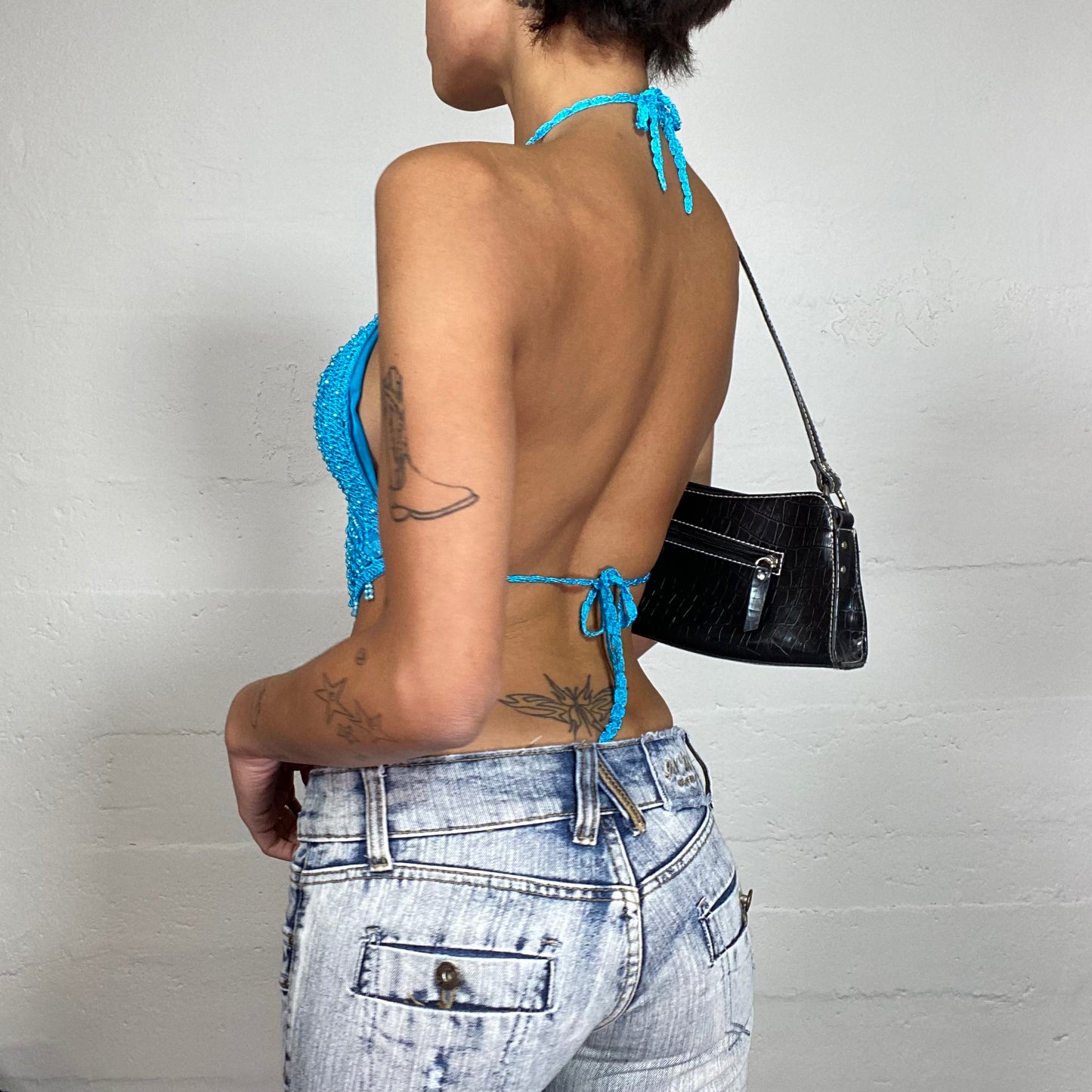 Vintage 2000's Festival Aqua Blue Neckholder Top with Beads Detail (S)