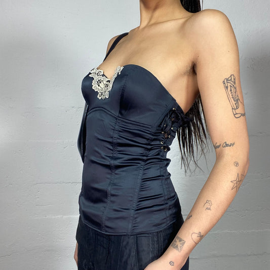 Vintage 2000's Clubwear Black Off Shoulder Corset Top with White Lace Neckline Detail (S)