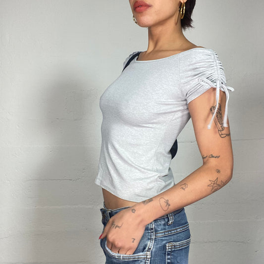 Vintage 2000's Sleaze Grey Bardot Neck Top with Ruched Short Sleeves (S)