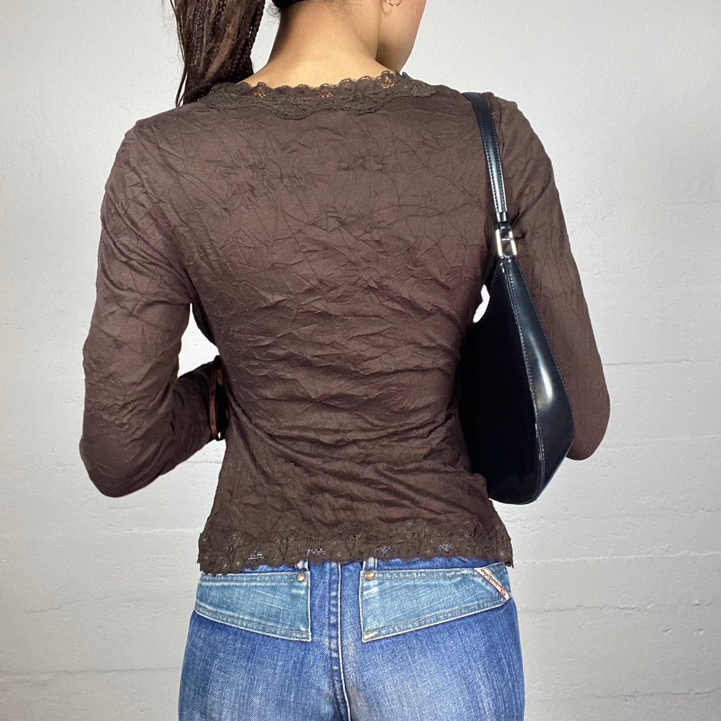 Vintage 2000's Fairy Brown Wrapped Longsleeve Top with Lace Trim Detail (M)