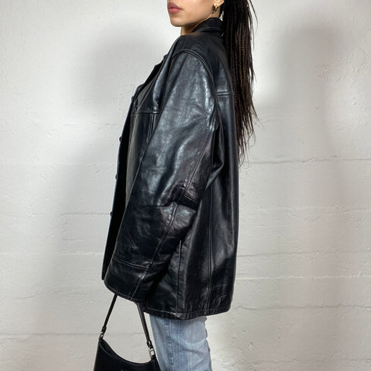 Vintage 2000's Downtown Girl Black Short Leather Biker Jacket with Oversized Fit (L)