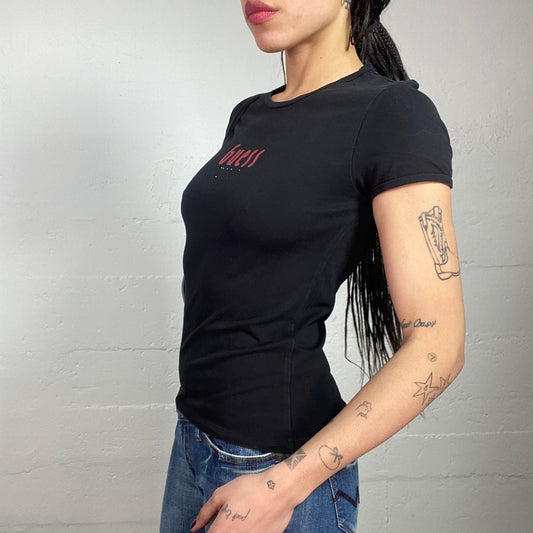 Vintage 2000's Guess Downtown Girl Black Top with Red Brand Print Detail (S/M)