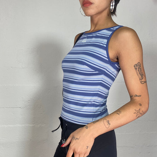 Vintage 90's Adidas Sporty Highneck Blue Top with Stripes Print (S)