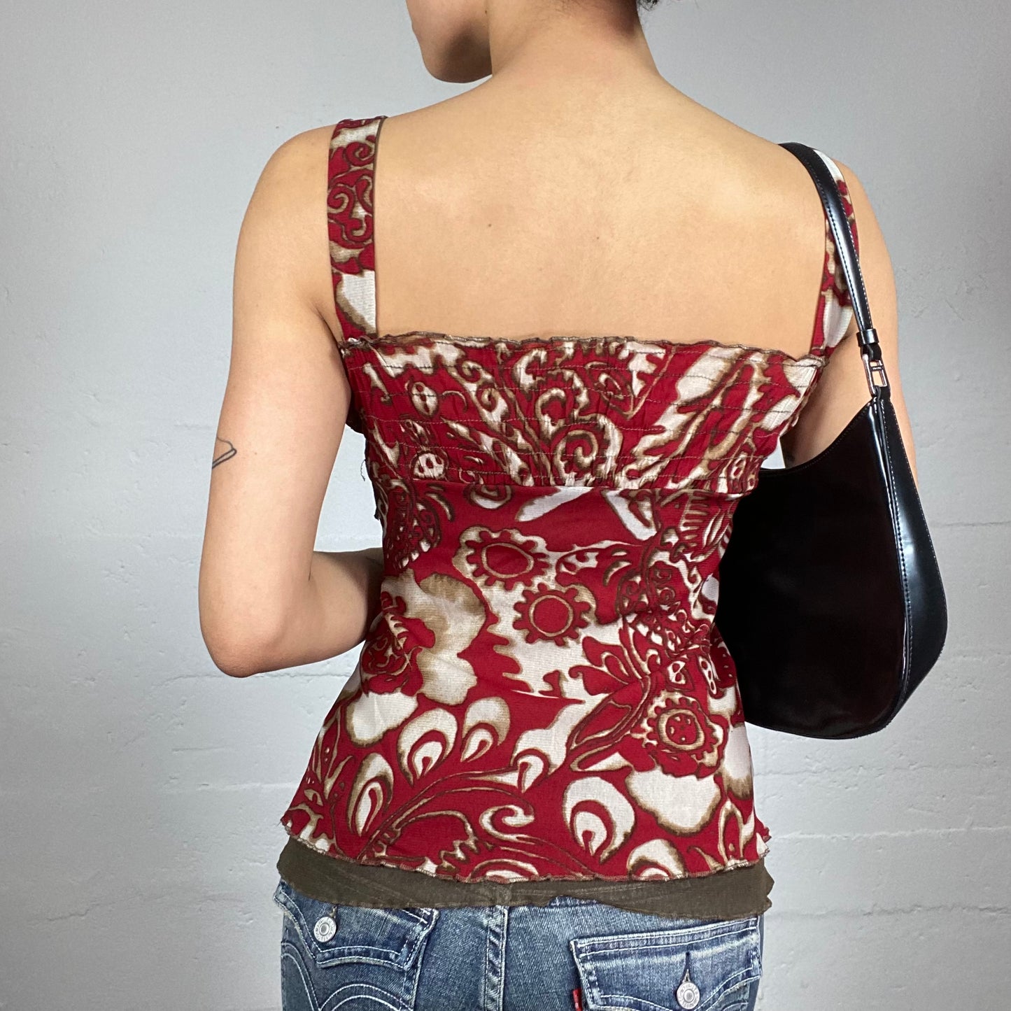 Vintage 2000's Sade Girl Beige Top with Garnet Floral Print (S)