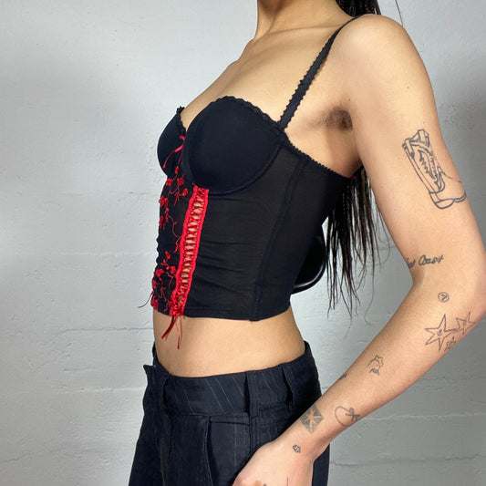 Vintage 2000's Babydoll Black Corset Top with See Through Panel and Red Floral Embroidery Detail (S)