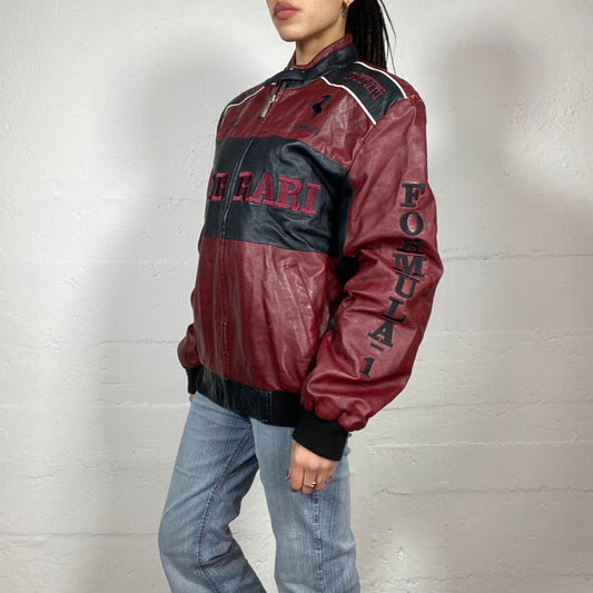 Vintage 2000's Ferrari Downtown Girl Cherry Red Short Leather Biker Jacket with Oversized Fit (L)