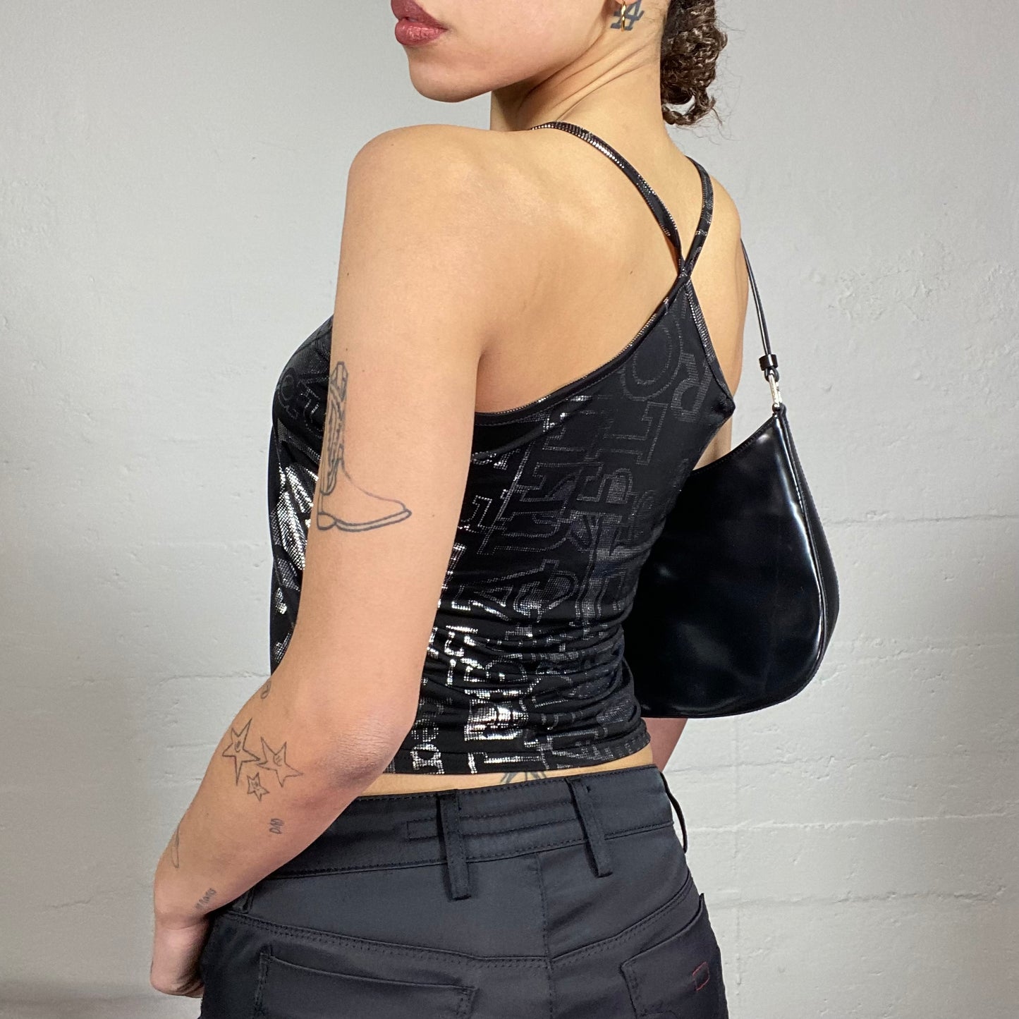 Vintage 2000's Clubwear Black Top with Silver Thypography Print (S)