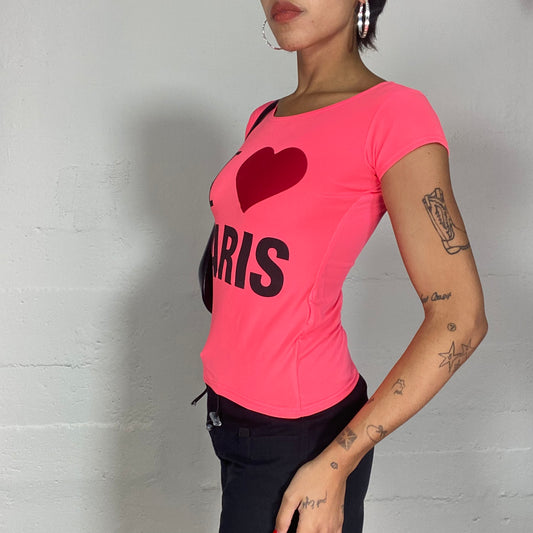 Vintage 2010's Sleaze Neon Pink Top with "I <3 Paris" Print (S/M)