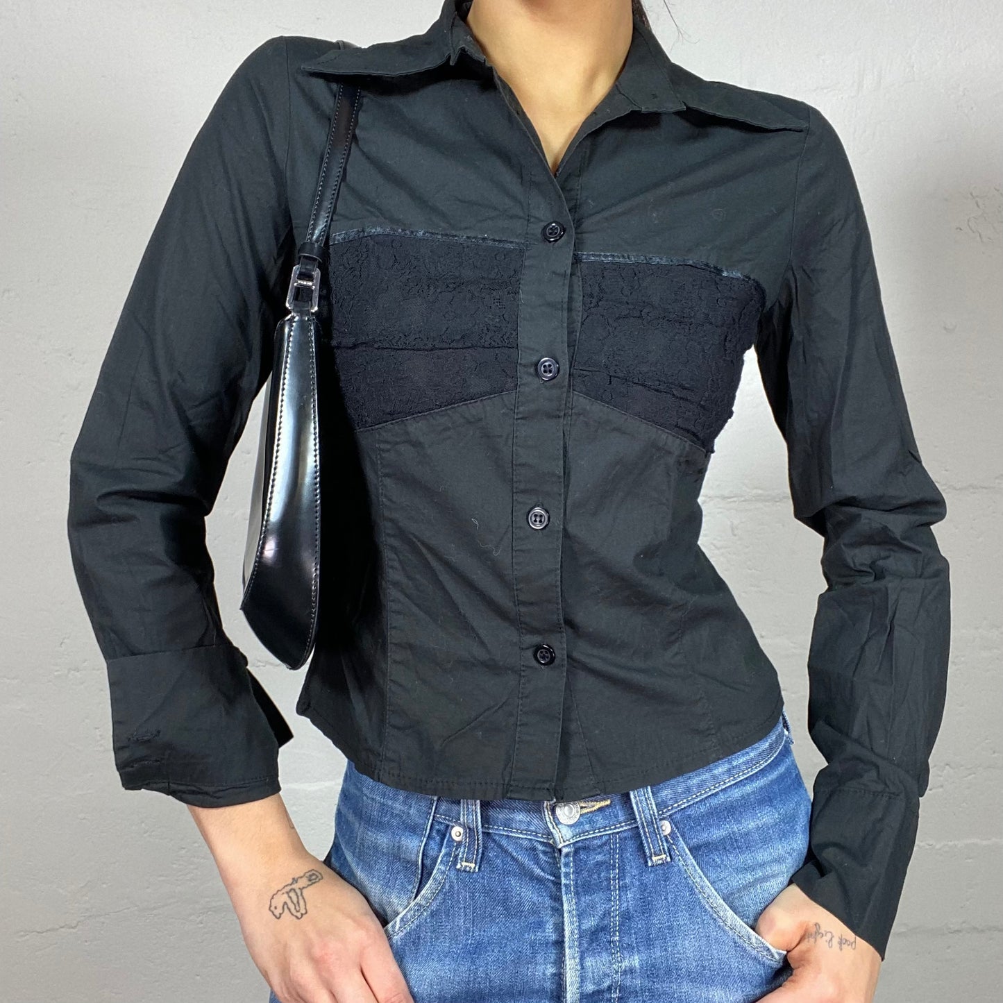 Vintage 2000's Vampy Black Button Up Shirt with Laced Chest Detail (S)