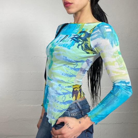 Vintage 2000's Funky Girl Blue and Yellow Asymmetric Longsleeve Top with Abstract Painting Print (S)