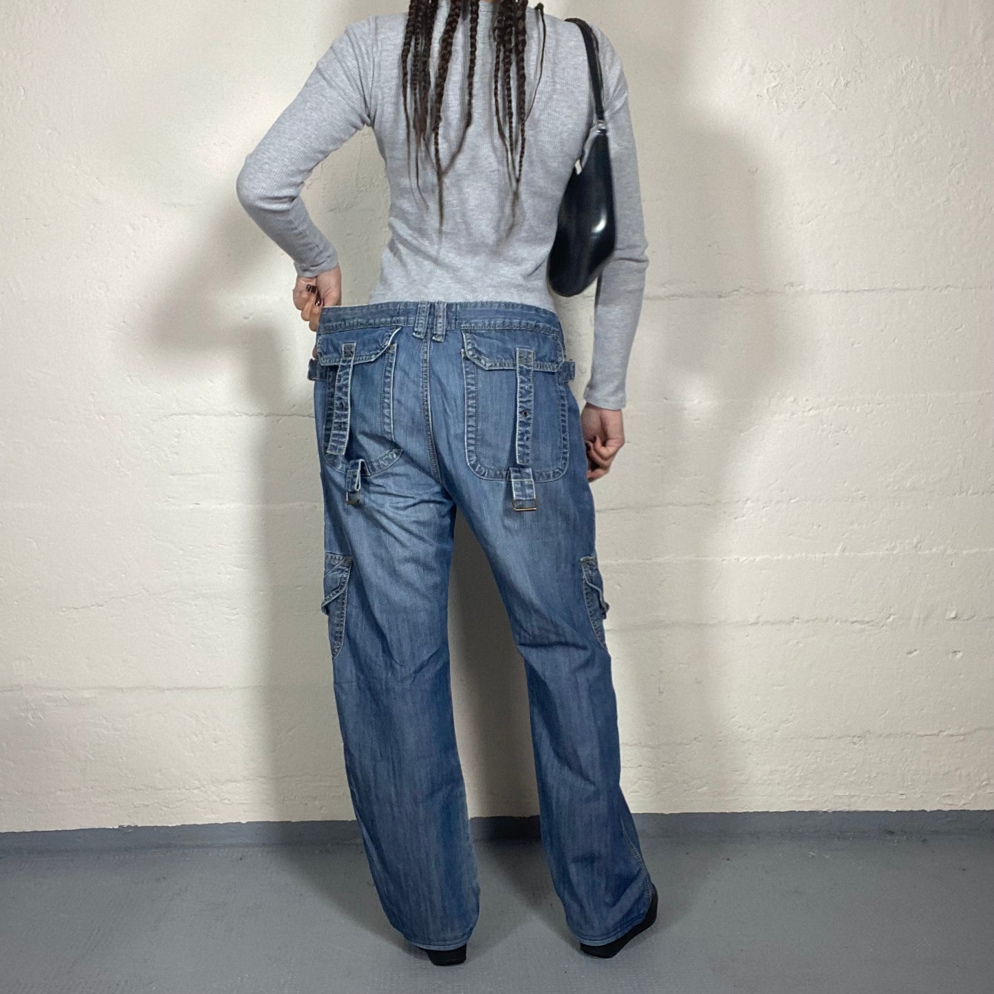 Vintage 90s Rave Girl Denim Cargo Oversize Pants with Big Pockets and Zips Detail (L)