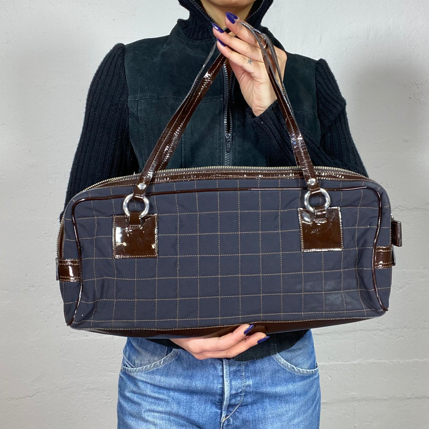 Vintage 2000's Moschino Classic Navy Maxi Squared Puffed Shoulder Bag