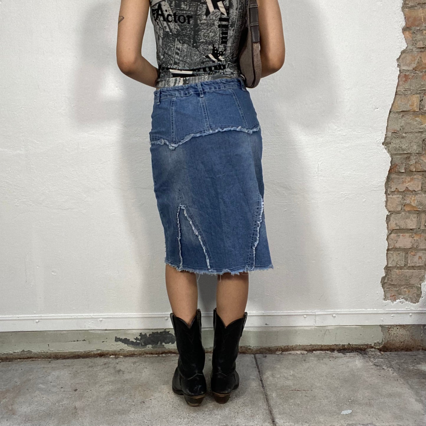 Vintage 2000's Western Denim Midi Skirt with Raw Hem and Lace Up Detail (S/M)