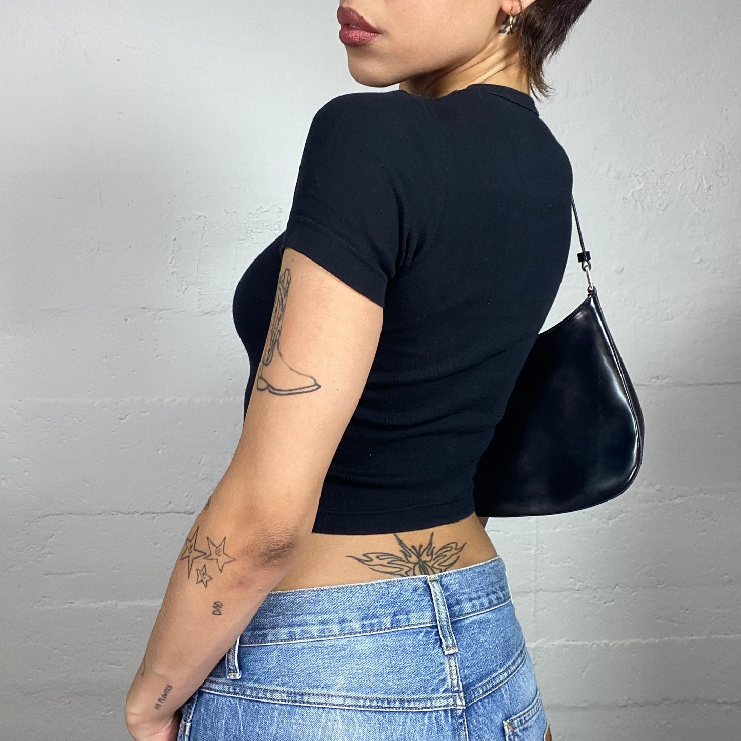 Vintage 2000's Grunge Black Crop Top with Red and White "XYZ 555" Print (S/M)
