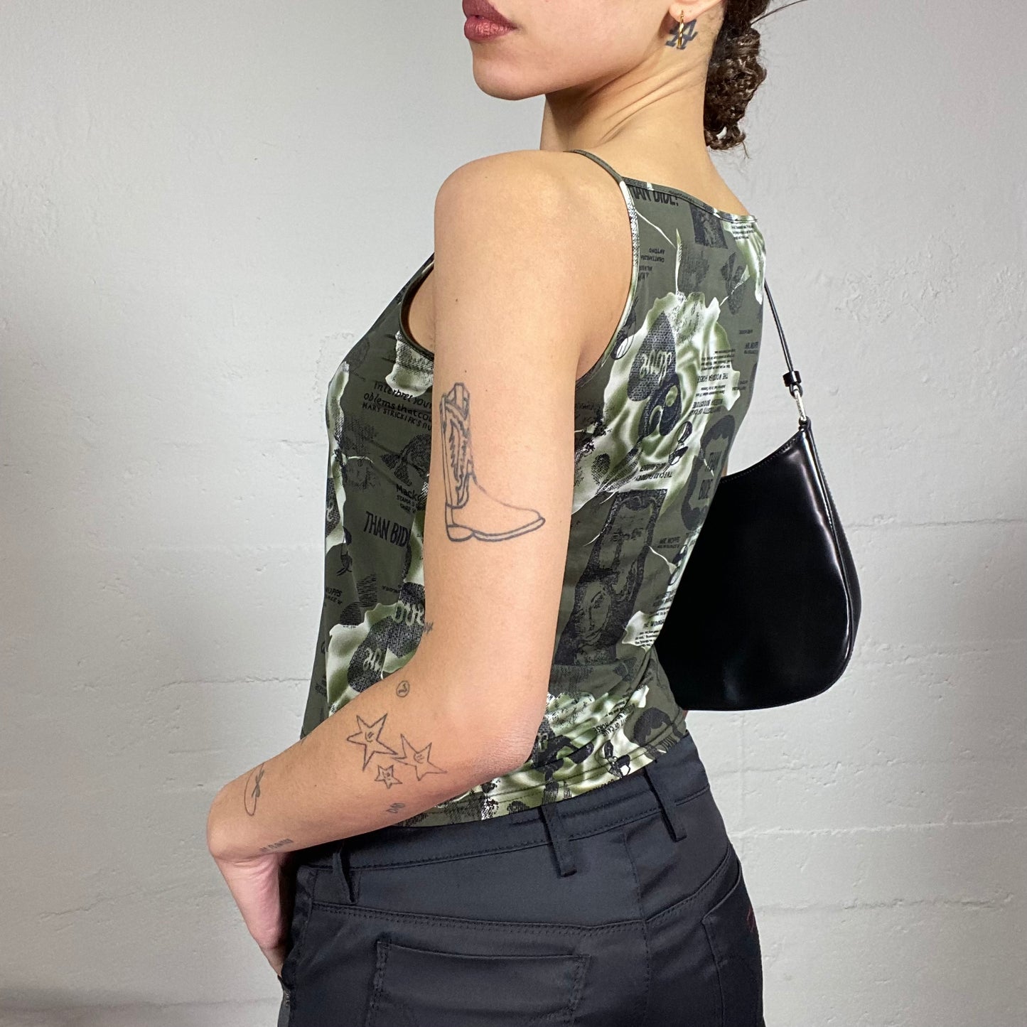 Vintage 2000's Cyber Girl Khaki Top with Typography Print and Roses Detail (S)
