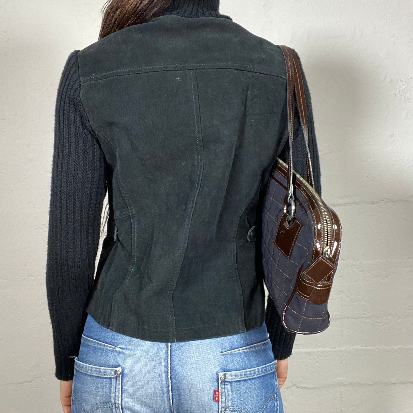 Vintage 2000's Skater Black Zip Up Leather Jacket with Ribbed Knit Material (S)