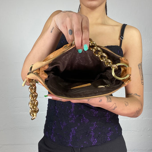 Vintage 2000's Claudio Ferrici Cow Girl Brown Leather Shoulder Bag with Golden Heart Charm Detail