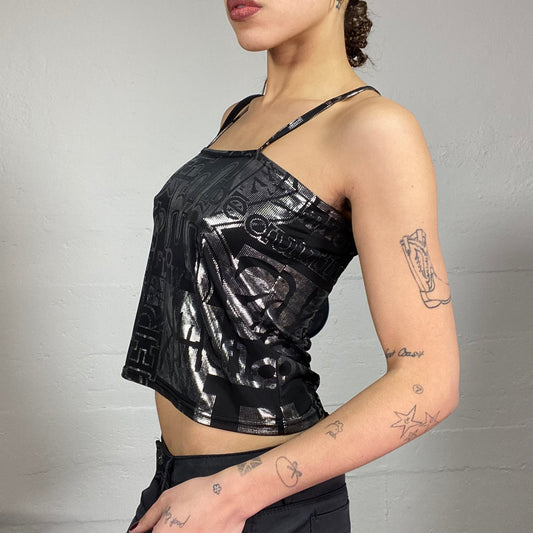 Vintage 2000's Clubwear Black Top with Silver Thypography Print (S)