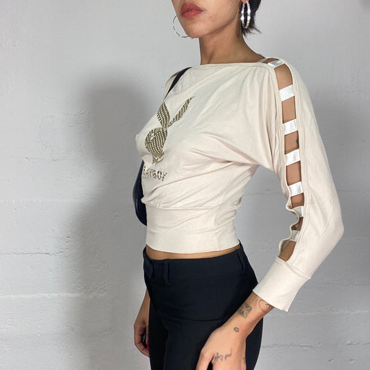 Vintage 2000's Playboy Downtown Girl Beige Longsleeve Top with Golden Logo Detail (S)